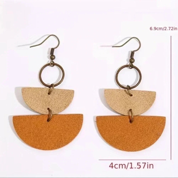2 LEFT! Bohemian Half circle Faux Leather Drop Earrings - Picture 4 of 6